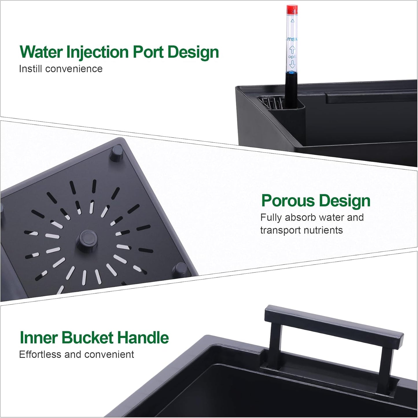 22.5" Tall Planters Set of 2, Outdoor＆Indoor Black Planter Pots, High Front Porch Planter Pots with Drainage Holes＆Water Level Monitor＆Inner Bucket, Automatic Watering, Black