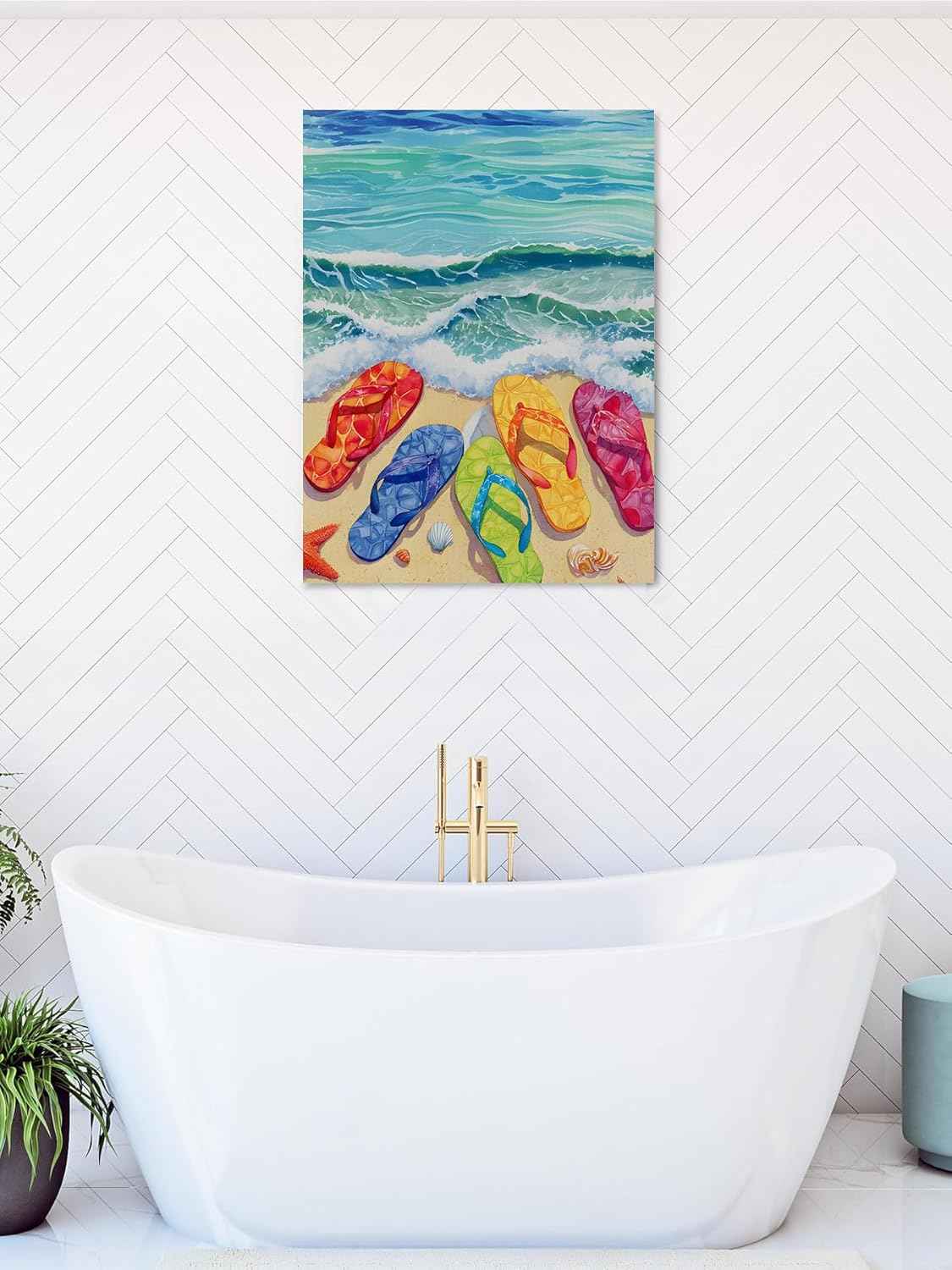 Watercolor Ocean Beach Slippers Canvas Wall Art Prints,Picture Wall Decor Paintings Sailing Boat Summer Vacation Framed Artwork for Living Room Bedroom Bathroom Office 48"x36",Ready to Hang