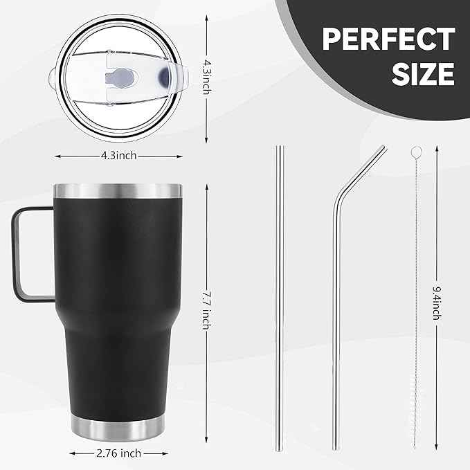 30 oz Tumbler With Handle, Double Wall Stainless Steel Vacuum Insulated Travel Mug with Splash-Proof Lid Metal Straw and Brush (Black)