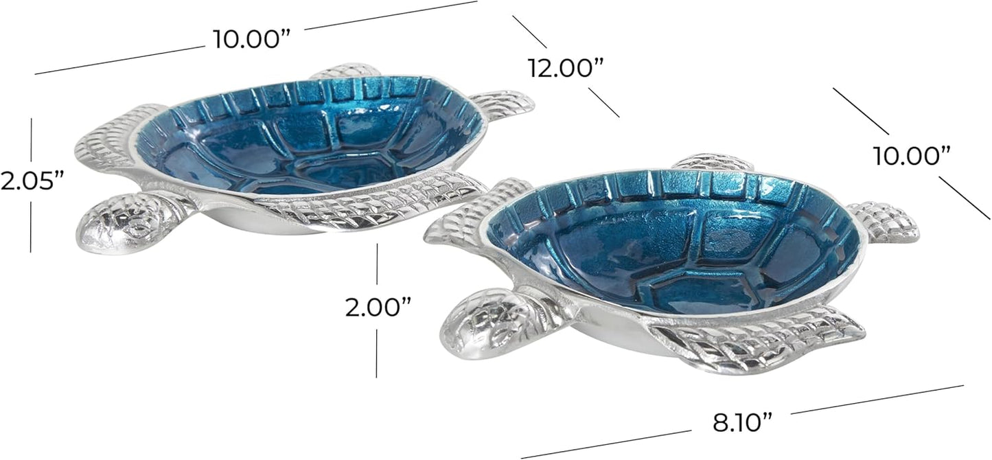 Deco 79 Aluminum Metal Turtle Decorative Bowl Decorative Bowl Enameled Decorative Containers with Silver Metal Exterior, Set of 2 Decorative Keepsake Boxes 10", 8"W, Blue