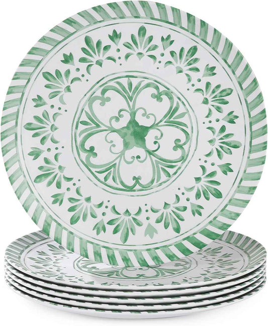 Melamine Dinner Plate, 10.75 Inch Plates Set, 6pcs Dishes Sets,Outdoor Plates with Embossed Design, Unbreakable,Durable&Lightweight,Dishwasher Safe,Green and White Plate