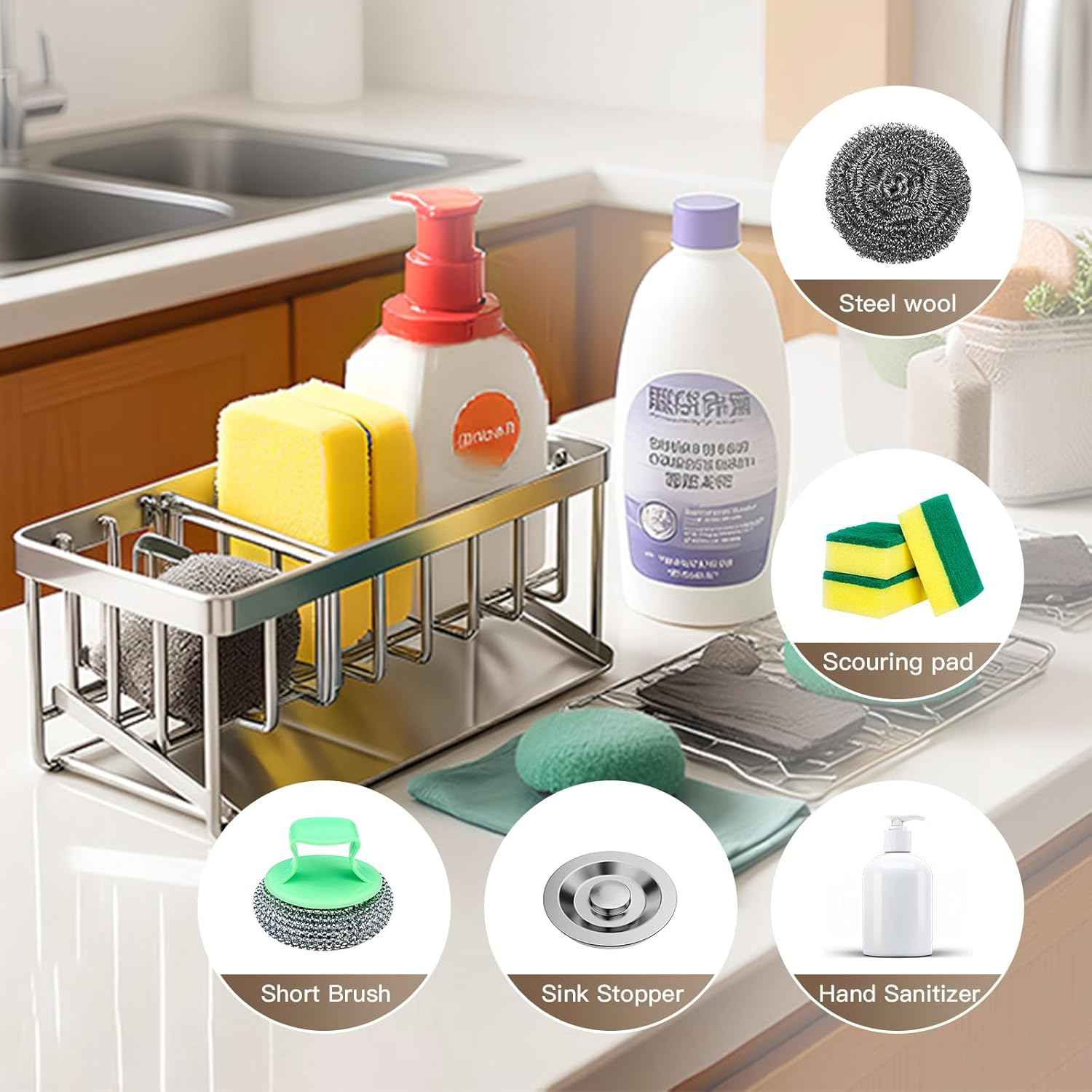 Sink Caddy Sponge Holder for Kitchen, 18/8 Stainless Steel Self Drain Tray, Soap holder with Divider(Silver)