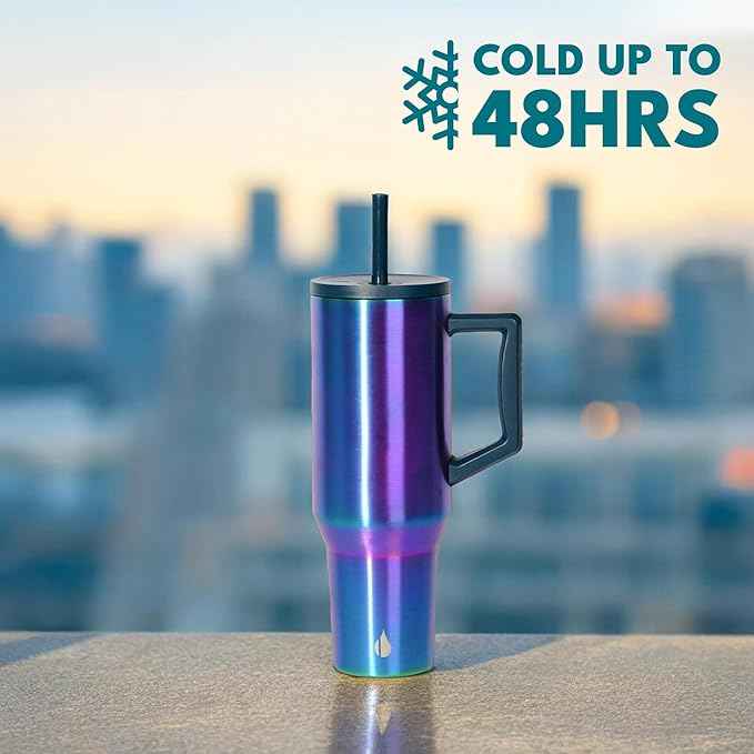Elemental 40 oz Tumbler with Handle and Straw - Spill Proof Insulated Stainless Steel Commuter for Cold Beverages - Travel Coffee Mug with 2 Straws & Spill Proof Lid - 40oz - Iridescent