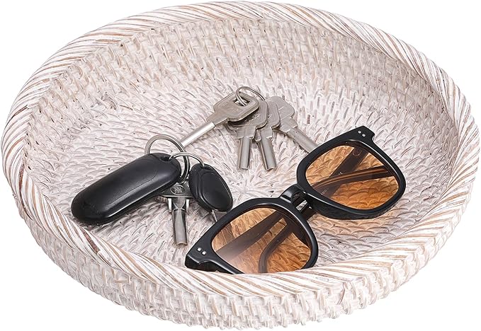Hipiwe Key Basket Bowl for Entryway 10" Round Woven Wicker Fruit Tray Serving Tray Decorative Storage Organizer for Wallet Cellphone Basket Bowl for Kitchen Living Room, Medium