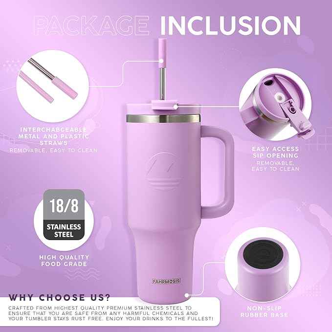 FAHRMOSIS 40 Oz Tumbler with Handle and Straw Insulated Cup that Fits in Cup Holder for Hot & Cold Drinks Leak Proof Tumbler with Straw Stainless Steel Travel Mug for Men & Women - Lavender