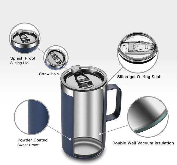 KXIAOCHEN 20oz Insulated Coffee Mug with Lid, Stainless Steel Coffee Cup, Double Wall Vacuum Coffee Tumbler with Handle, Premium Thermal Travel Coffee Mug (Navy Blue)