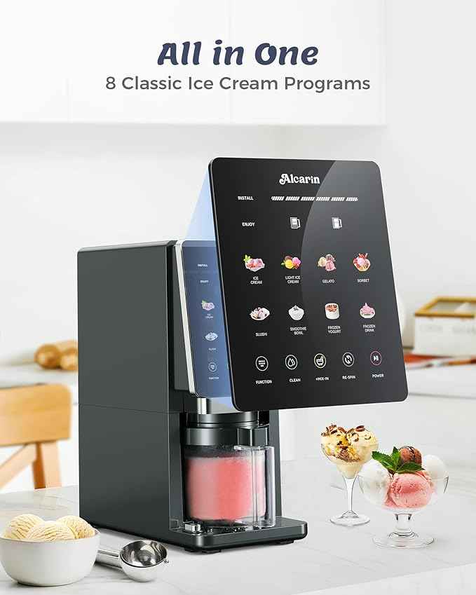 Alcarin Electric Ice Cream Maker Machine for Homemade, Frozen Treat, Gelato, Yorgurt, Sorbet, Mix-in & More, 10 One-Touch Programs with 3 Pints, Keto, Vegan, Dairy-Free Options(Not Freezer)
