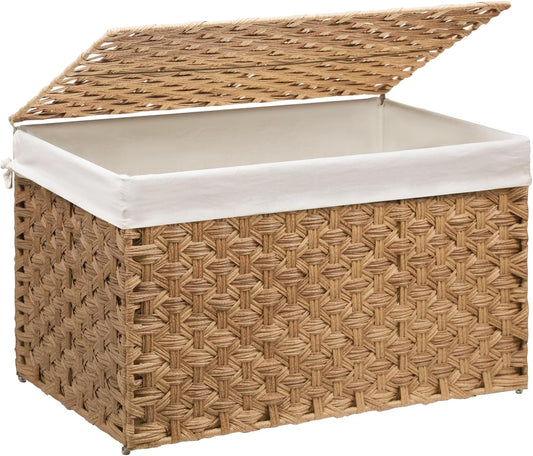 Wicker Storage Basket with Lid, 42.3 Gallon (160L) Large Blanket Basket with Lid, Woven Storage Bin with Handles, Removable Liner, Metal Frame, Foldable, for Bedroom, Laundry Room, Natural