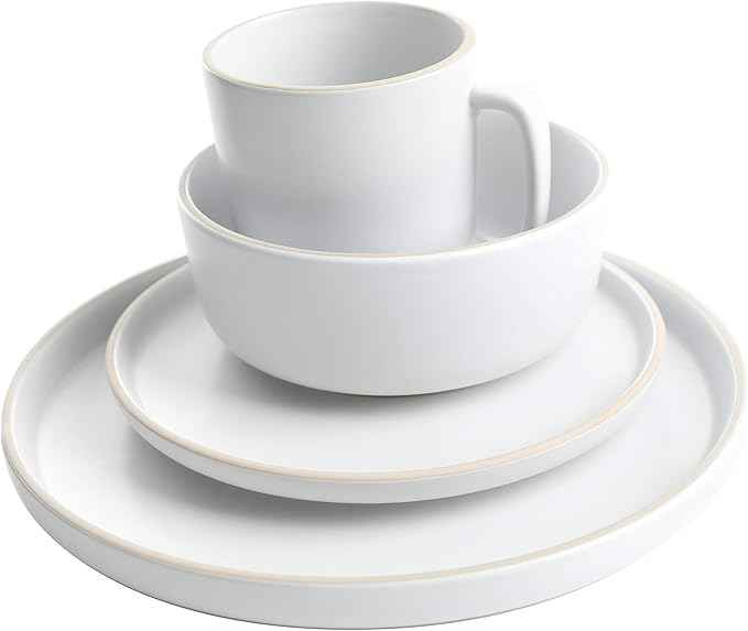 Gibson Home Zuma 16 Piece Round Kitchen Dinnerware Set, Dishes, Plates, Bowls, Mugs, Service for 4, Matte Stoneware, White