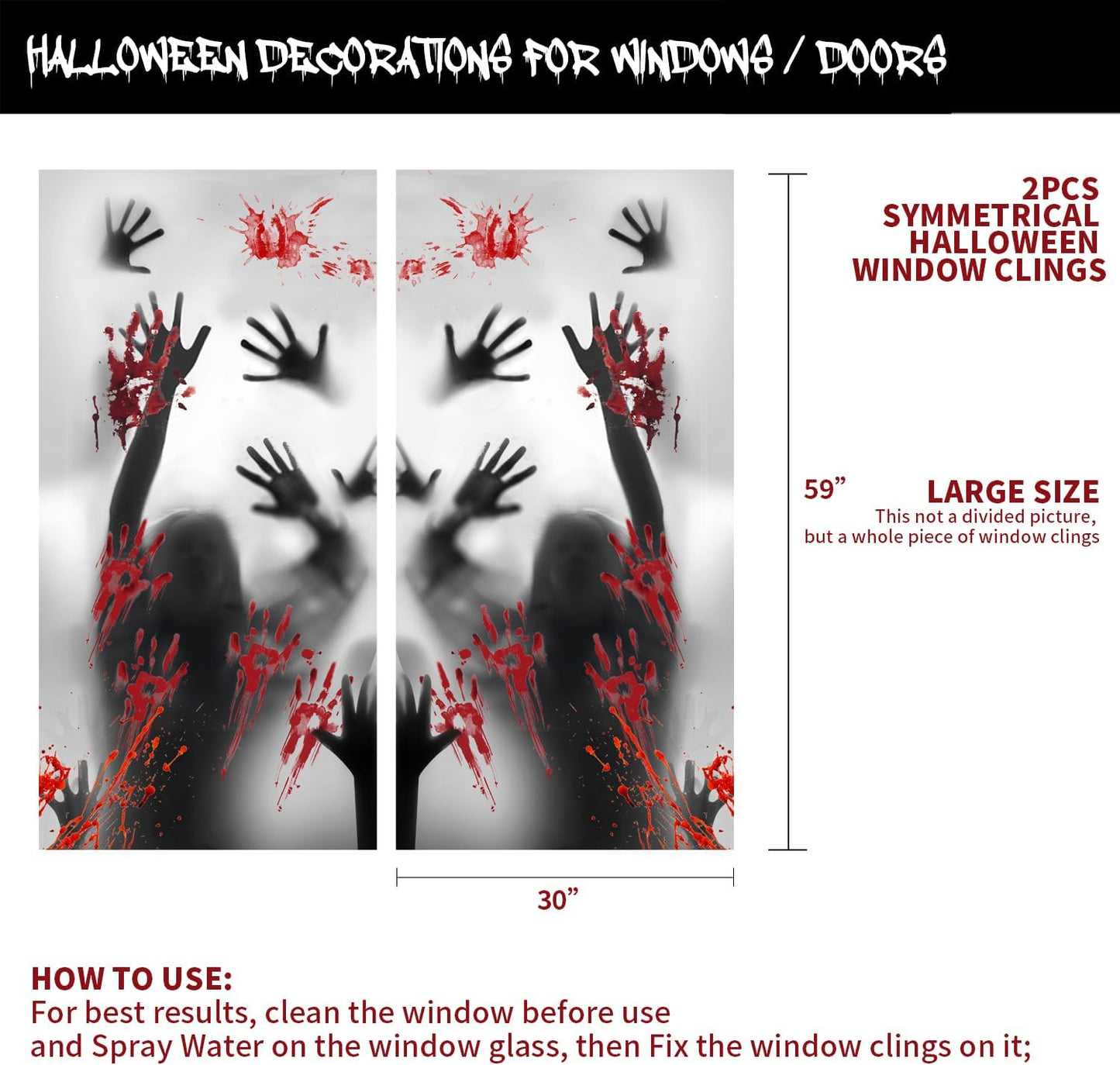 Rypyp 2PCS Halloween Decorations Indoor Window Clings, Large Window/Door Covers(59x30in)- Scary Zombie with Bloody Handprints at The Window, Halloween Haunted House Party Décor, Garage Door Cover