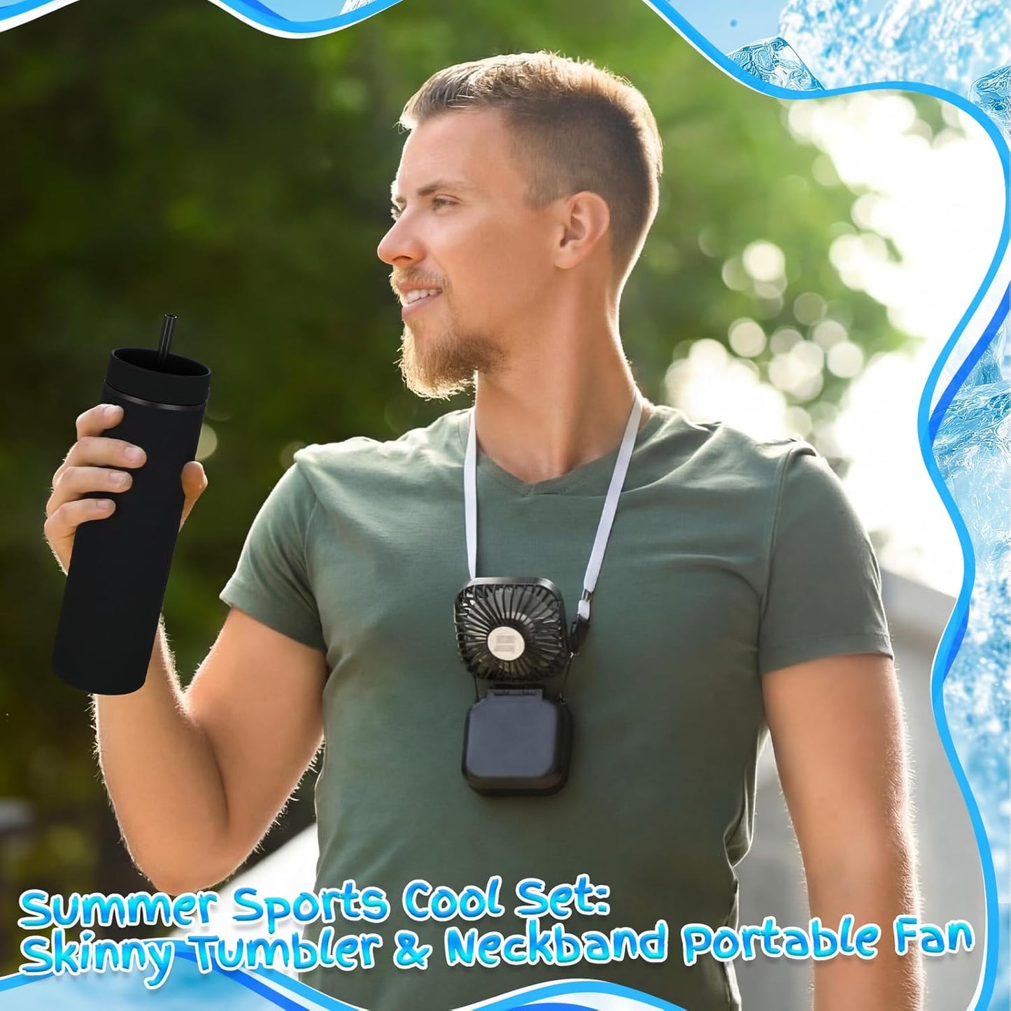 Reallnaive 6 Pcs Skinny Tumbler Bulk and Mini Portable Fans Set for Summer, 16 oz Plastic Cups with Lids Straws and Small USB Rechargeable Handheld Fan for Cooling Gift (Black)