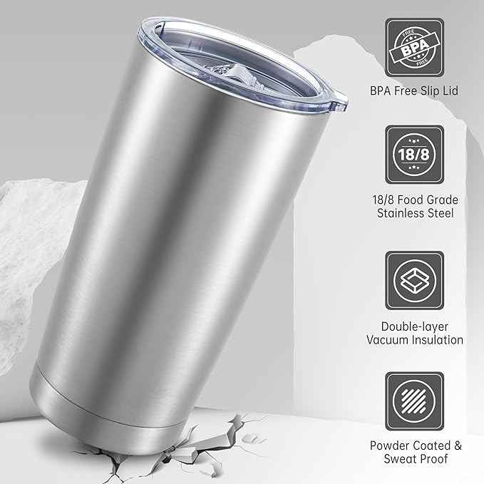 20 oz Tumblers Bulk Stainless Steel Tumbler with Lid Double Wall Vacuum Insulated Coffee Mug 20oz Powder Coated Cup for Hot and Cold Drinks, Stainless, 12 pack