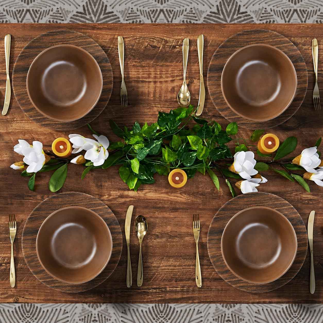TP 12-Piece Melamine Dinnerware Sets, Plates and Bowls Dishes Set for 4, Break-Resistant & Non-Microwavable, Lightweight Dinner Plates, Wood Grain