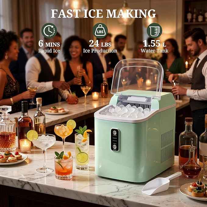Nugget Ice Maker Countertop, 6-Min Fast Chewable Pellet Ice, 24lbs/24H Portable Ice Machine with Self-Cleaning, Ice Full & Low Water Indicator, Basket & Scoop for Home, Party, RV, Camping (Green)
