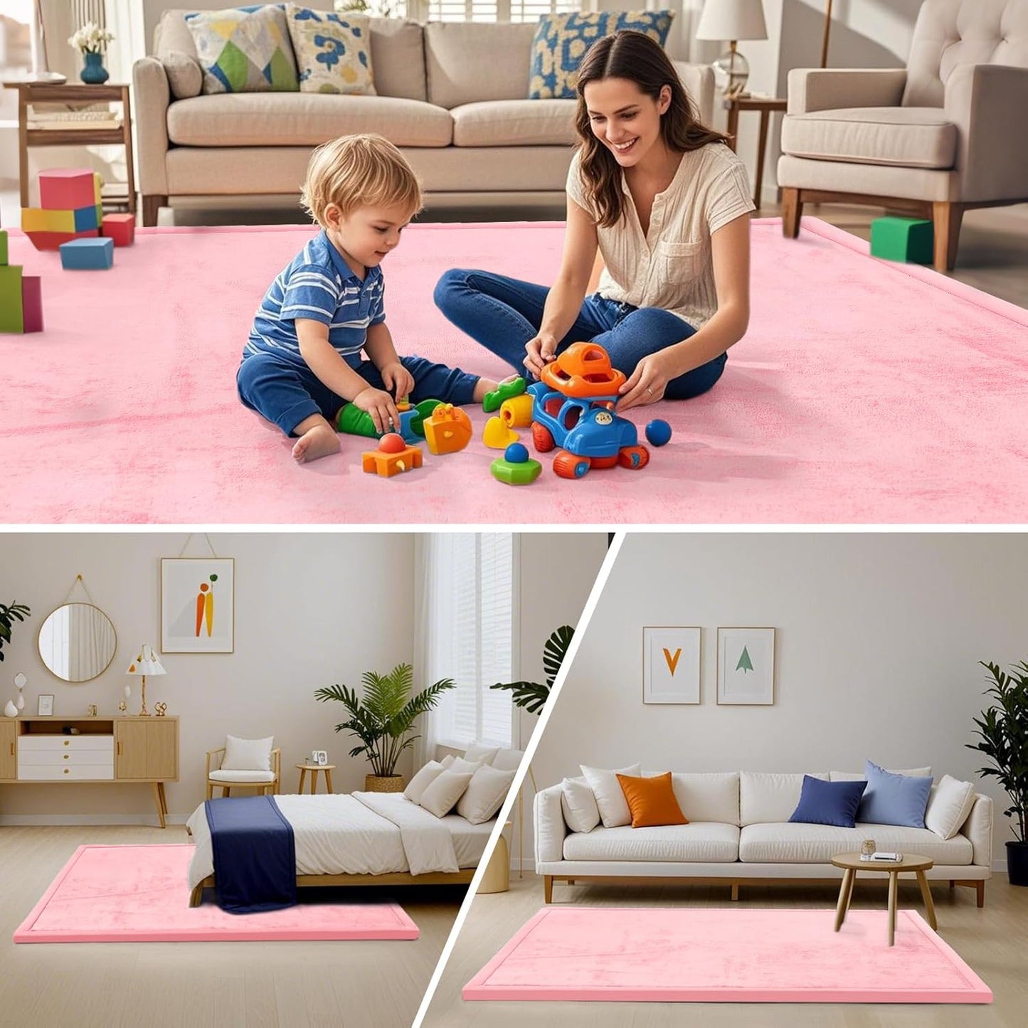 ACOMOPACK Baby Play Mat for Floor,1.3" Thick Memory Foam Area Rug for Living Room,Soft Velvet Crawling with Non-Slip Bottom for Kid,Toddler,71"×79" Tummy Time Nursery Rugs,Yoga（Pink）