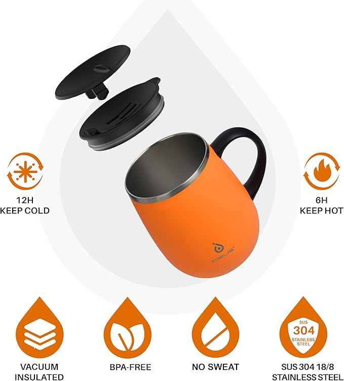 Ideus 16 oz Insulated Coffee Mug with Handle and Lid, Double Wall Stainless Steel Vacuum Thermal Coffee Mug, Travel Coffee Cup Thermal Cup for Home and Office, Orange Tiger