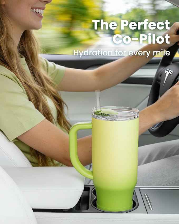 Renoj Insulated Mug 100% Spill Resistant Insulated Water Bottle for Iced Coffee & Hot Drinks - Fits Car Cup Holder, Ideal Gift, 2 Straws & Silicone Boot - FlexSlide Green Gradient 32 oz