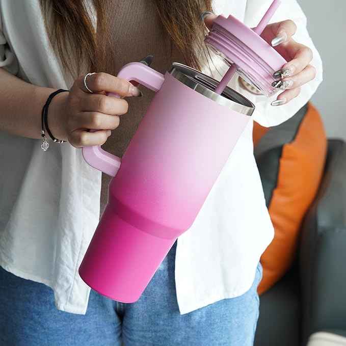 Konokyo 40 oz Tumbler with Handle and 2 Straws,2 in 1 Lid Insulated Water Bottle Stainless Steel Travel Coffee Mug,Day Night