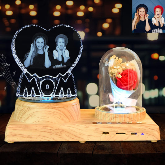 to My Beautiful Mom Gifts Personalized Heart-Shaped 3D Crystal Photo Frame, with Bluetooth Rose Audio, Mom Night Light Gifts for Mother's Day, Birthday, Thanksgiving, Christmas