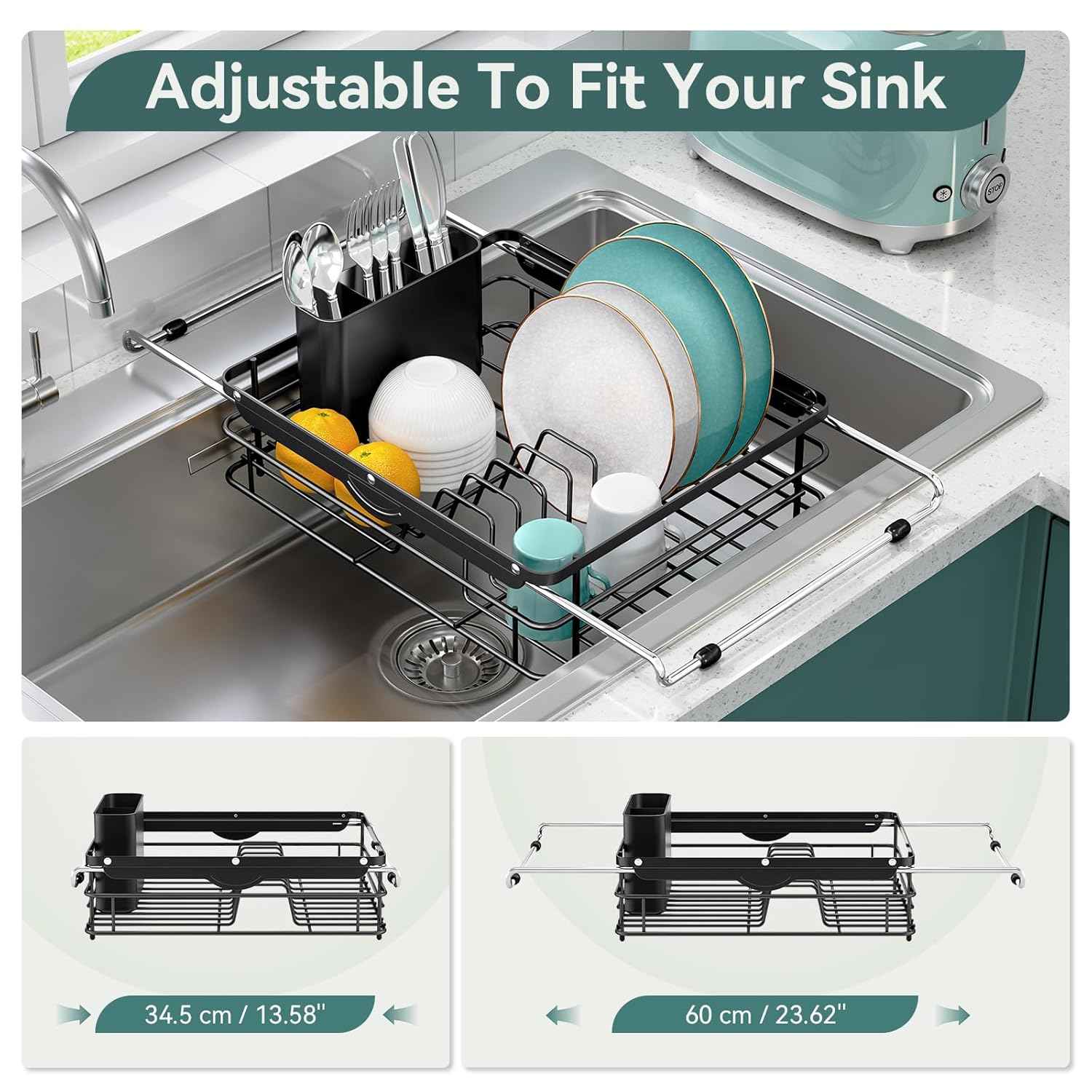 Over the Sink Dish Drying Rack,In Sink Dish Drying Racks,Expandable Dish Rack Over Sink Counter,Adjustable Dish Drainer for Inside Sink with Utensil Holder, Stainless Steel Dish Strainer Large Size