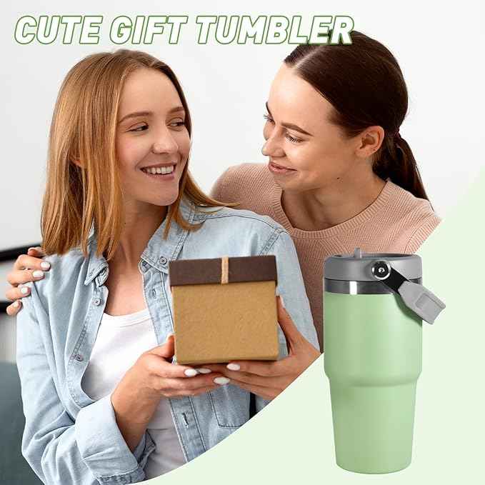 20 oz Tumbler with Handle, Insulated Tumbler with Lid and Flip Straw Leak Proof Double Wall Stainless Steel Vacuum Travel Coffee Mug Insulated Water Bottle Thermal Cup, Cupholder Friendly, Green