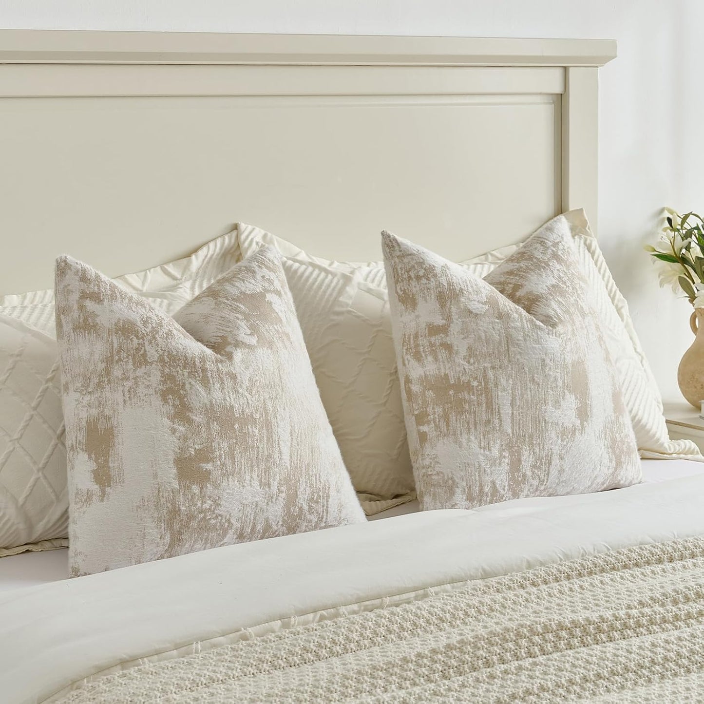 FUTEI Brown White Decorative Throw Pillow Covers 24x24 Inch Set of 2,Soft Faux Cashmere Jacquard - Textured & Cozy Euro Pillow Shams,Modern Home Decor for Couch Bed Living Room