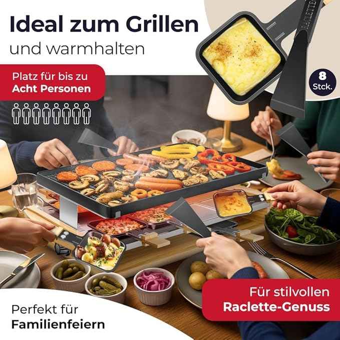 KESSER Raclette Grill with Natural Stone, Table Grill Plate for 8 People, Electric Raclette Grill with Non-Stick Plate, 8 Pots and Wooden Spatula 1200W