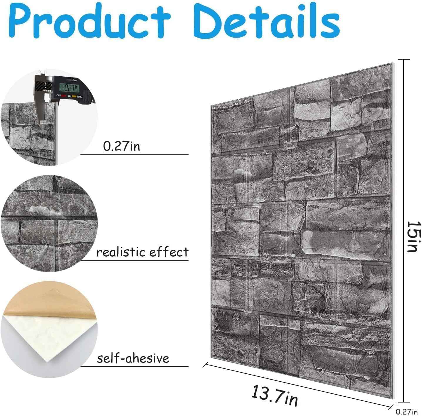 3D Wall Panels Peel and Stick in Black Grey Stone, 10 PCS XPE Foam 3D Wallpaper, Textured Faux Brick Wall Panels for Bedroom, Stairs, Kitchen