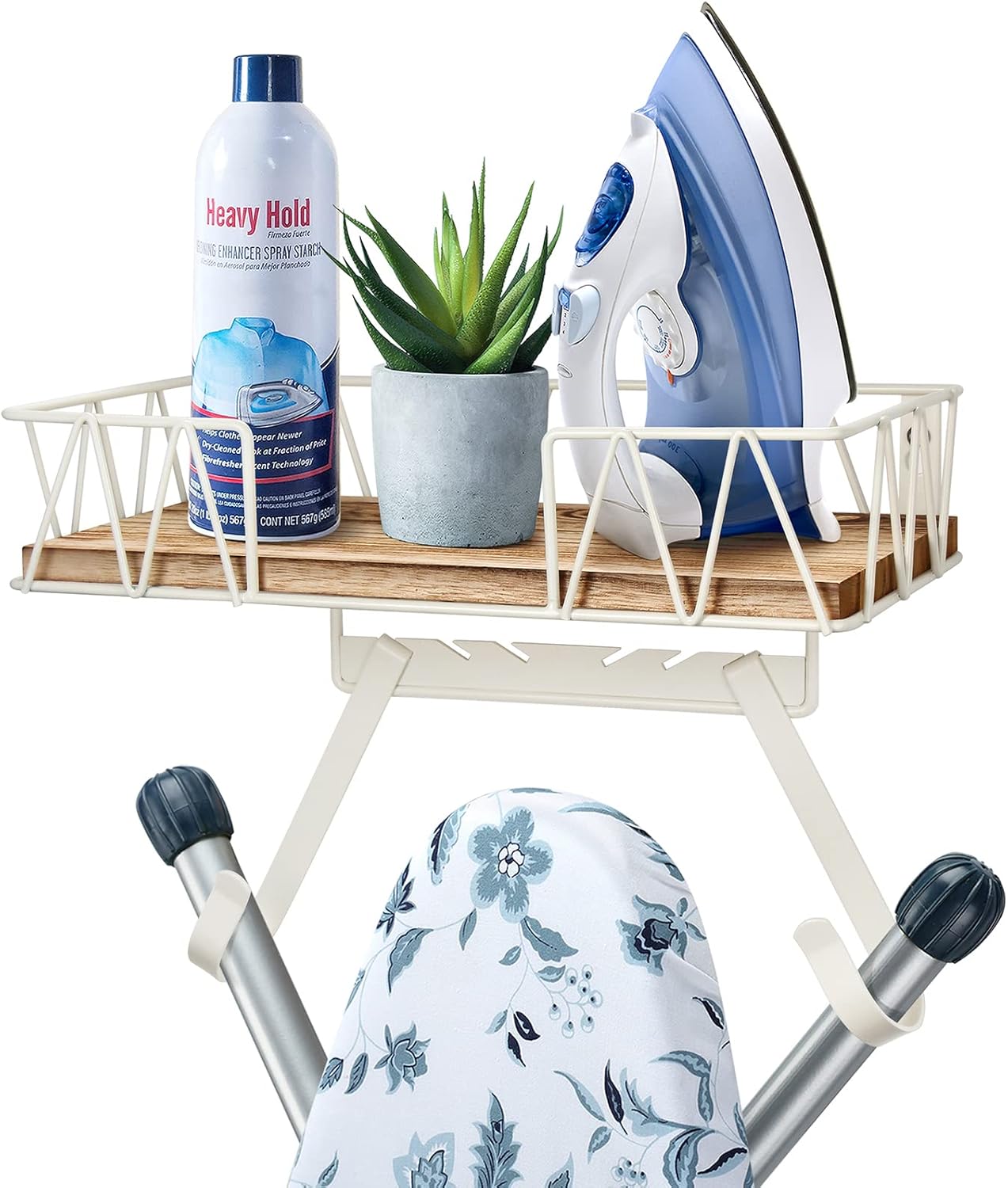 TJ.MOREE Ironing Board Hanger Wall Mount - Laundry Room Decor Iron and Ironing Board Holder with Large Storage Wooden Base Basket and Removable Hooks(T&V Shaped) Cream