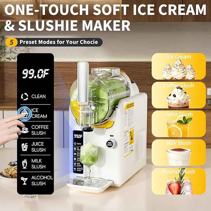 Ice Cream Machine Slushie Machine for Home - Slushy Machine Maker Frozen Drink Maker No Ice Needed Self Cleaning, 5 Preset for Soft Serve Ice Cream, Slushie, Margarita, Frappés, Milkshake