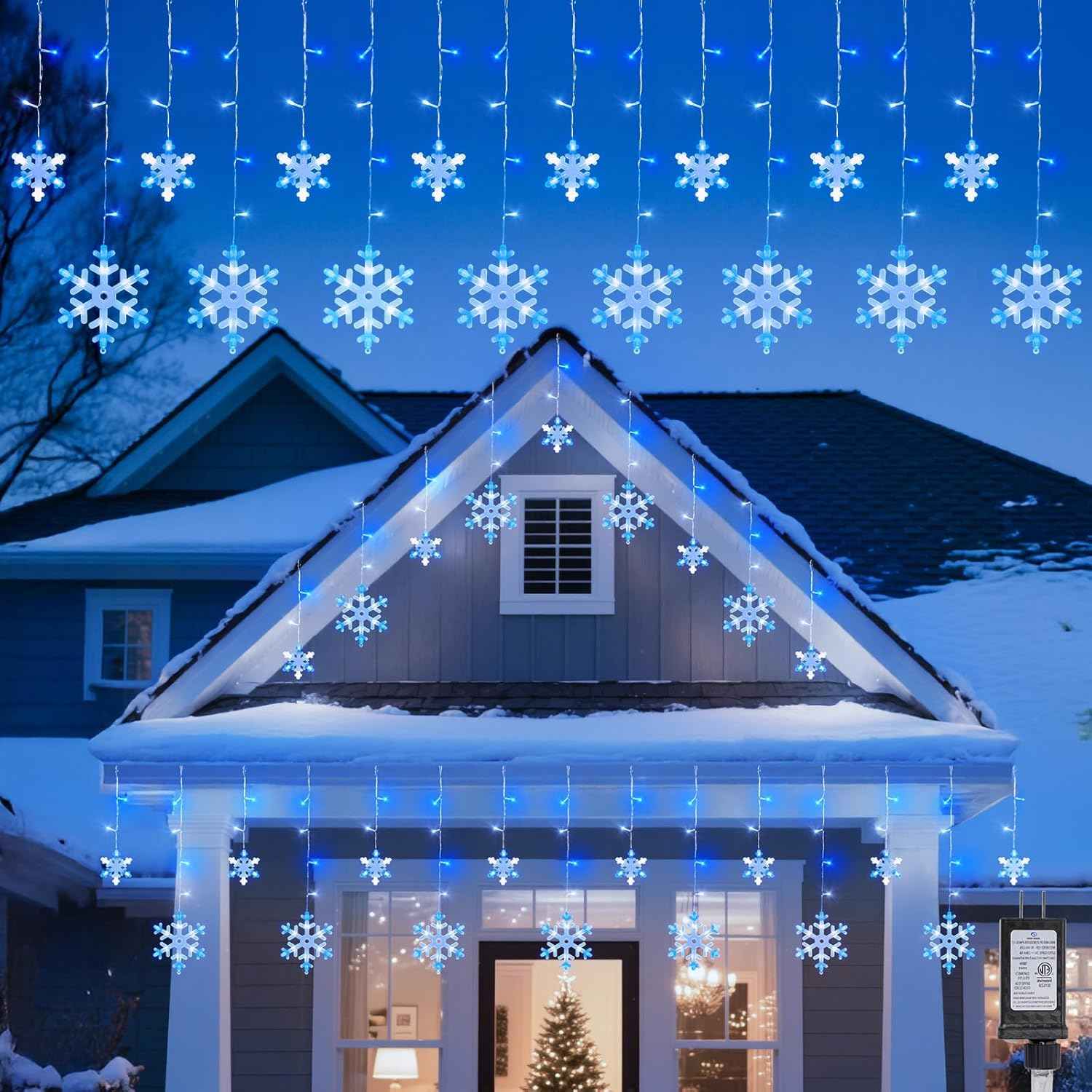 13 Ft 192 LED Snowflake Christmas Icicle Lights with 16 Drops, 8 Modes and Timer, IP65 Waterproof Connectable for Indoor Outdoor House Window, Blue and White