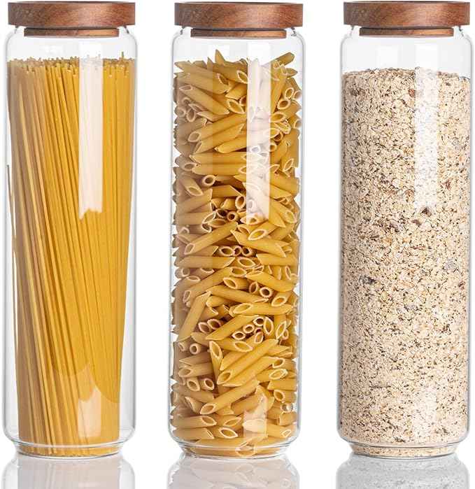 Kanwone Airtight Food Storage Containers Set of 3, 54 Ounce Glass Storage Containers with Bamboo lids, Clear Glass Canisters for Pantry, kitchen, Flour, Sugar, Tea, Coffee, Cookies, Spice and Herbs