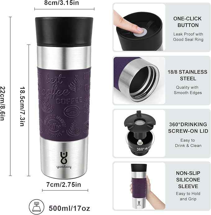 Travel Coffee Mug with 360°Lid, Travel Coffee Tumbler 16 oz Leak Proof, Stainless Steel Insulated Travel Mugs for Hot and Cold Spill Proof Leak Proof (Purple)