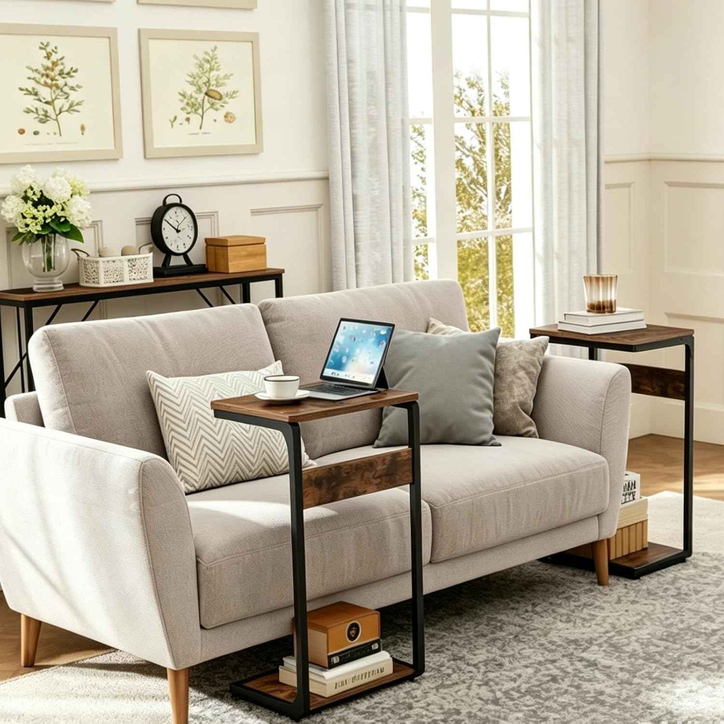 Wood Pedestal Sofa Side Tables Set of 2 Small Nightstand C Shaped End Table TV Trays on Couch Stands TV Tray Tables Slide Under Night Stand Over Bed Living Room Bedroom Bedside Rustic Brown ET-YB-BRW2