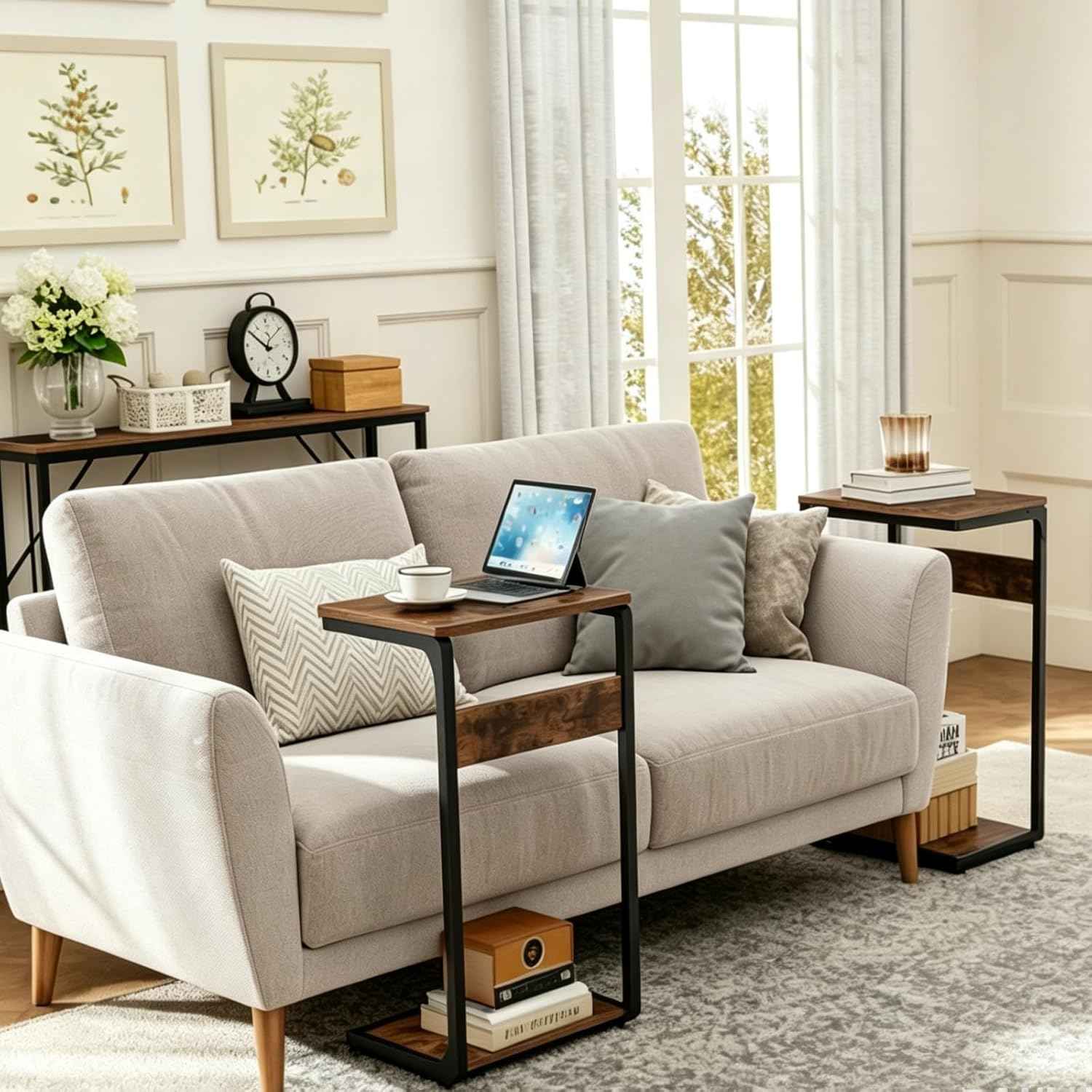 Wood Pedestal Sofa Side Tables Set of 2 Small Nightstand C Shaped End Table TV Trays on Couch Stands TV Tray Tables Slide Under Night Stand Over Bed Living Room Bedroom Bedside Rustic Brown ET-YB-BRW2