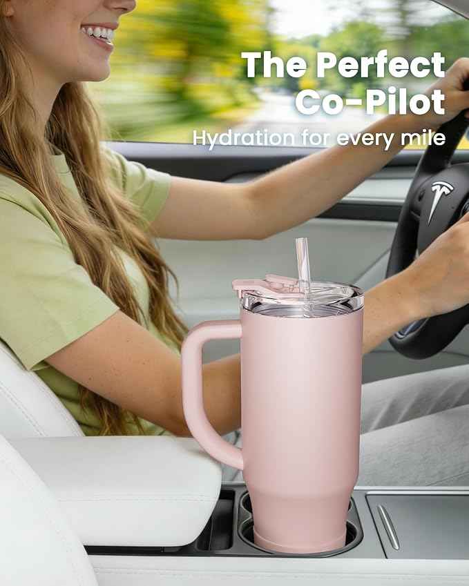 Renoj Insulated Mug 100% Leak Proof Insulated Water Bottle for Iced Coffee & Hot Drinks - Fits Car Cup Holder, Ideal Gift, 2 Straws & Silicone Boot - SnapShift Light Pink 40 oz