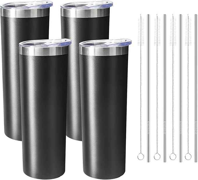 20 oz Skinny Tumblers with Lid and Straw,Stainless Steel Vacuum Insulated Tumbler Cup Double Wall Travel Coffee Mug, Thermal Water Tumbler for Hot and Cold Drinks(Black,4)