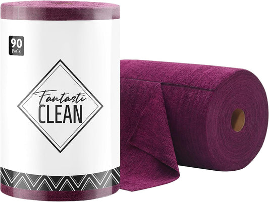 Fantasticlean Microfiber Cleaning Cloth Roll -90 Pack, Tear Away Microfiber Towels, 12" x 12", Reusable, Washable, Scratch Free, Ultra Absorbent Dish Rags for Car, Home, Garage or Shop (Deep Purple)