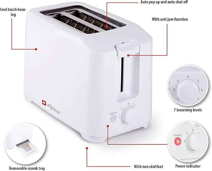 Alpina Toaster - 7 uprights - 2 discs - crumb compartment - 700 watt - white