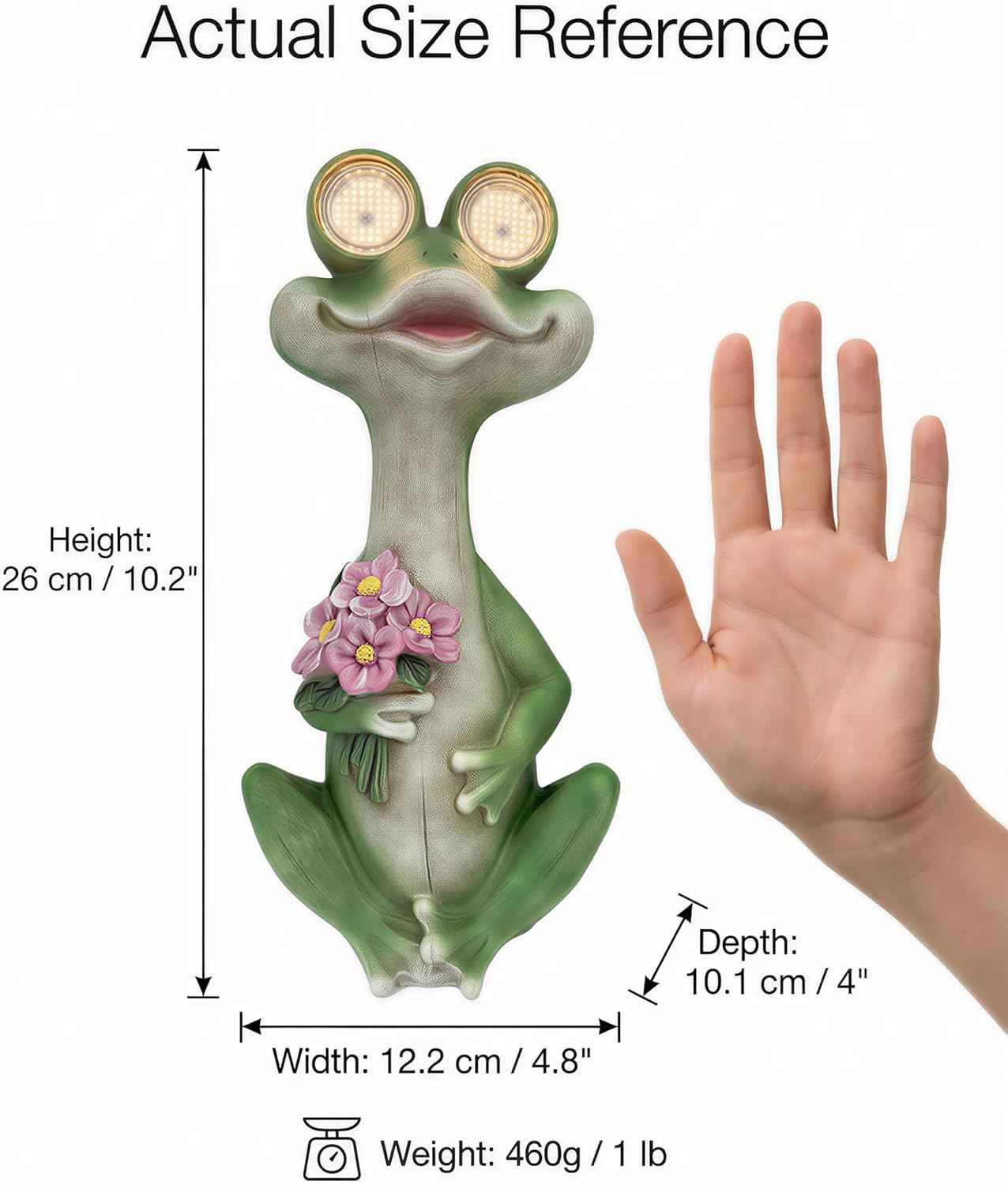 iStatue Solar Frog Garden Statue with Blinking Light-Up Eyes, Resin Outdoor Garden Decor Frog Holding Flowers, Waterproof Animal Figurine for Patio Lawn Yard Porch Balcony (Green)