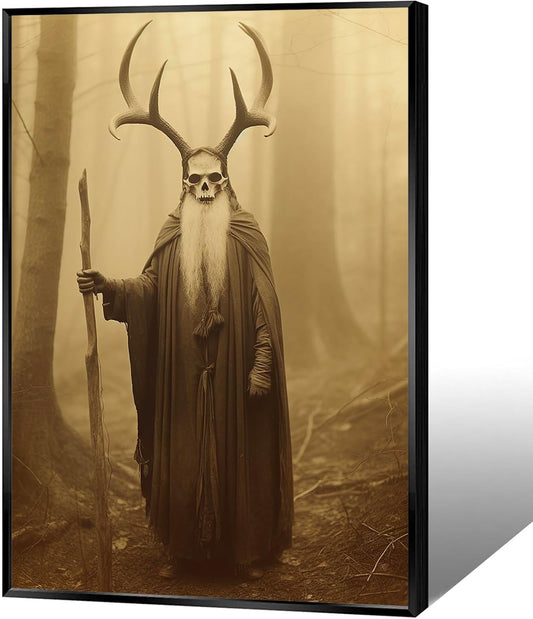 Skeleton Halloween Decor Occult Druid of the Forest Poster Canvas Wall Art Vintage Spooky Print Gothic Room Decor Dark Academia Decorations Bedroom Creepy Skull Picture 24X36inch Aluminum Framed