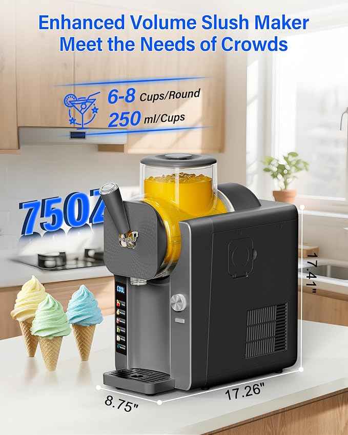 2-IN-1 Slush Machine & Ice Cream Maker Machine, 6 Modes for Smoothies, Milkshakes, Cocktails, Margarita, and Ice Cream, Double-Layer Tank, With Ice Cream Cone Holder, Self-Cleaning, For Home Use, Grey