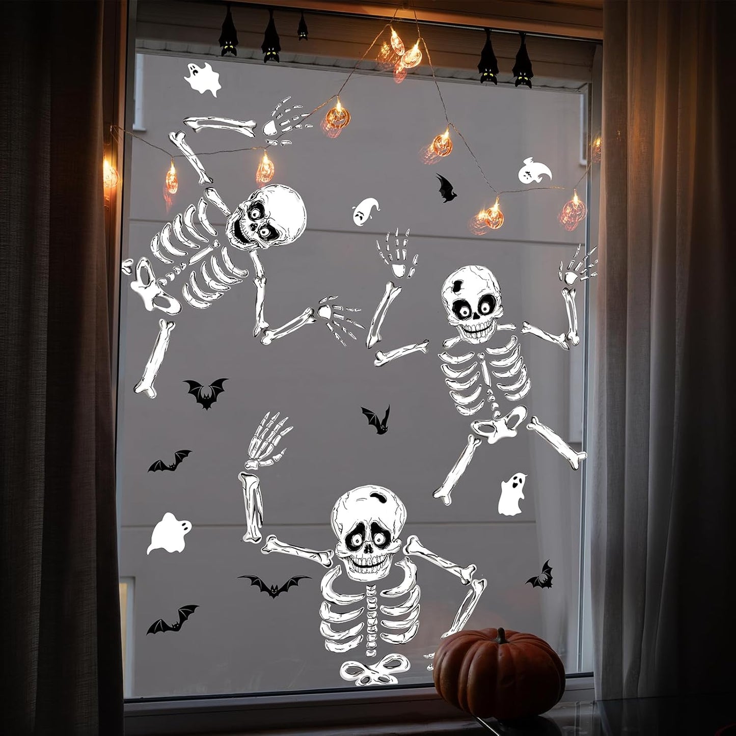 Halloween Window Skeleton Clings – 8 Sheets of Extra Large Cute and Scary Skeletons, Ghosts, and Bats for Home, School, Car Windows, Office, and Party Decor
