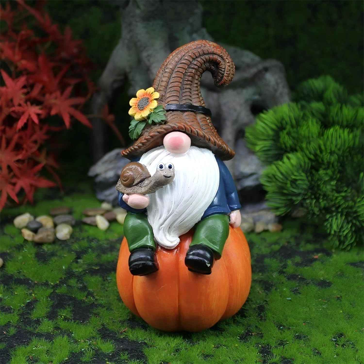 Garden Gnome Statue with Snail, Fall Pumpkin Decoration, 5.9 inch Height Gnome Figurine, Cute Thanksgiving Gifts, Outdoor Indoor Autumn Decor