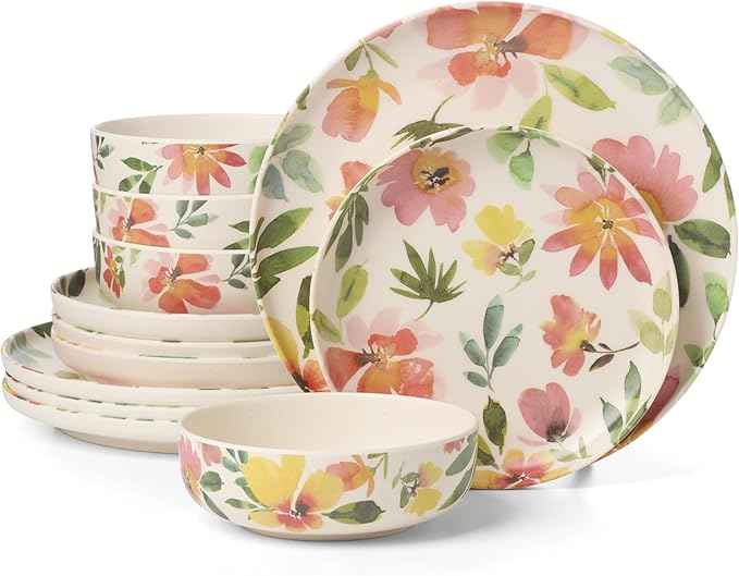 Oneida Dinnerware Sets, 24 Seven Melamine Floral 12-Piece Dinnerware Set, Service For 4, Dishes Set for 4, Floral Pattern, Melamine Dishwasher Safe Plates and Bowls Sets, Kitchen and Dining (12 Piece)