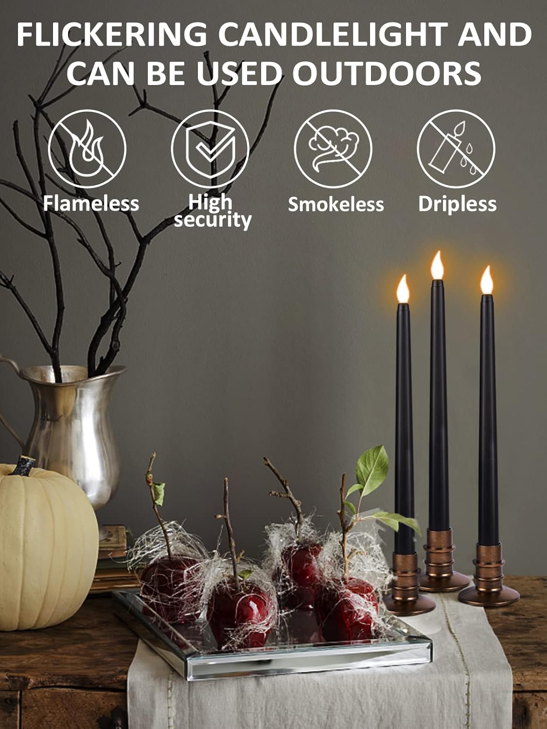 Alphatool 6 Packs Halloween Black LED Flameless Candles with Bases - Flicker Flame, Tall Taper Smokeless Dripless Candles, Decor for Fireplace Diningtable Bar School