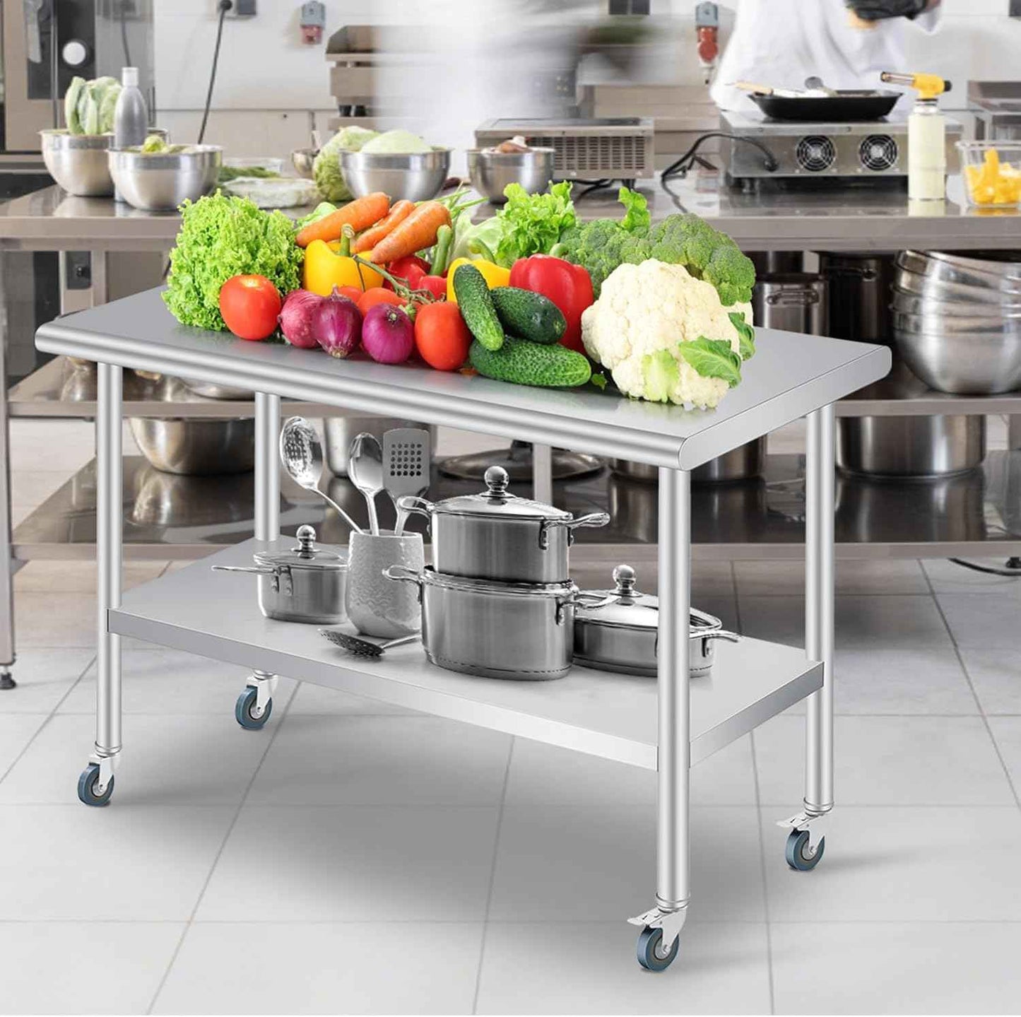 Stainless Steel Prep Table, 30x 60 Inches Heavy Duty Commercial , with Rounded-Corner, Adjustable Undershelf and 4 Caster Wheels, Heavy Duty Work Table with Adjustable Under Shelf for Outdoor, Res