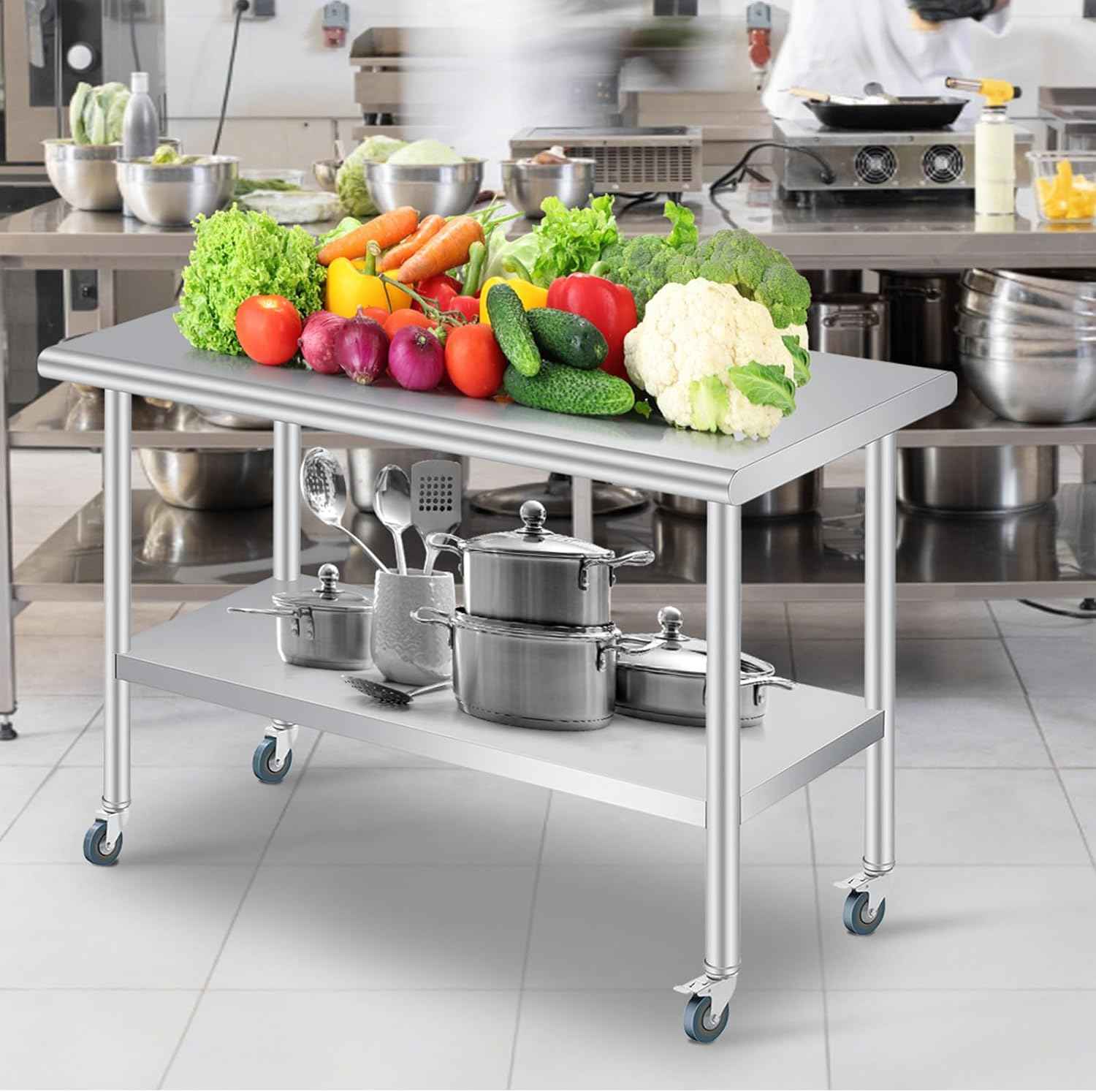 Stainless Steel Prep Table, 30x 60 Inches Heavy Duty Commercial , with Rounded-Corner, Adjustable Undershelf and 4 Caster Wheels, Heavy Duty Work Table with Adjustable Under Shelf for Outdoor, Res