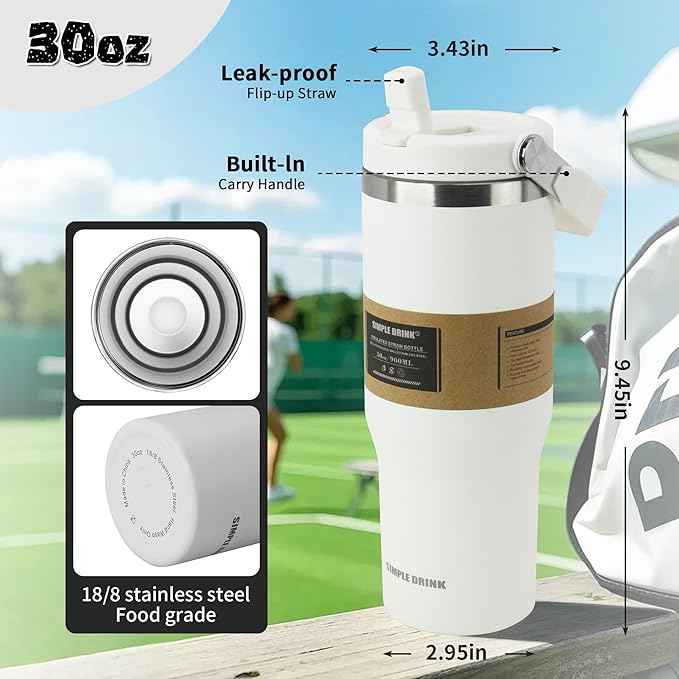 30oz Flip Straw Insulated Water Bottle with Handle, Leak Proof Stainless Steel Travel Coffee Mug, Double Wall Vacuum Tumbler for Cold Drinks, Gym Office Travel Essentials