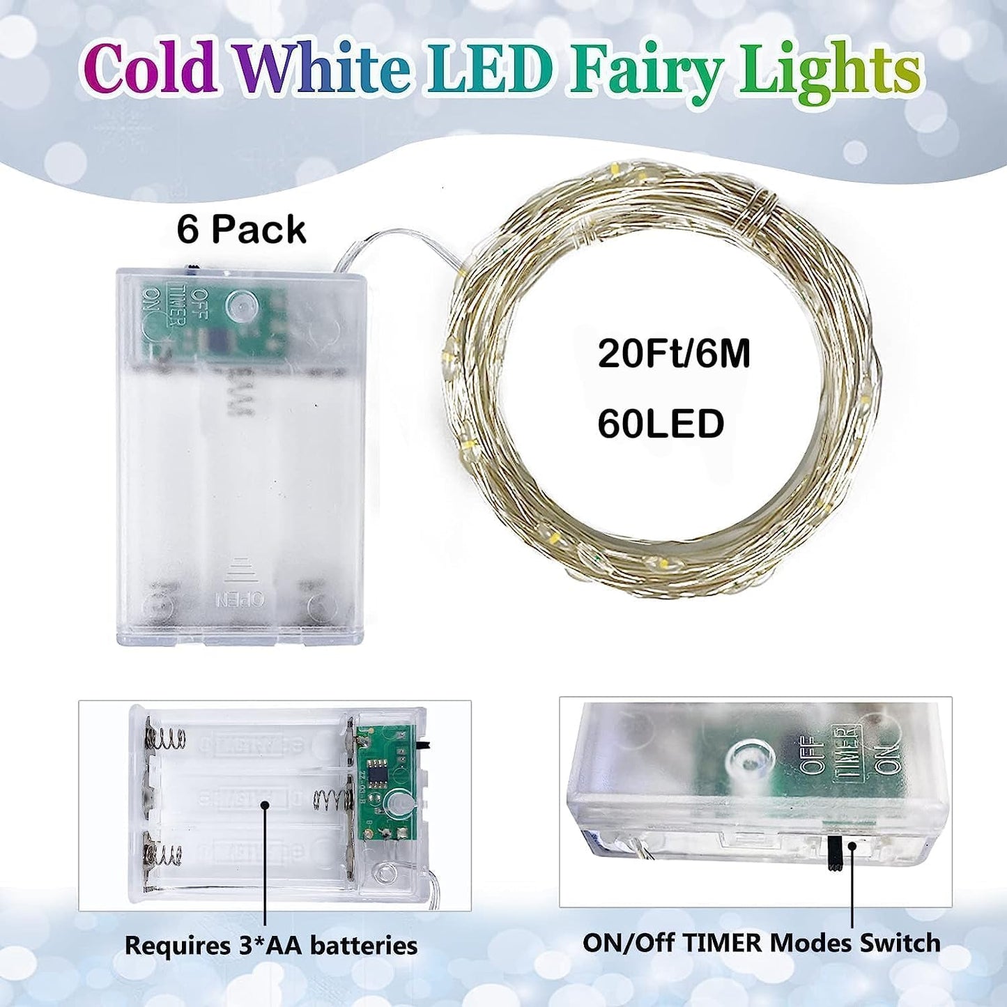6 Pack Fairy Lights Battery Operated with Timer, Each 20FT 60LED Christmas String Lights Outdoor Indoor, Cuttable Battery Twinkle Light for Bedroom Home Wedding DIY Christmas Decorations (Cool White)